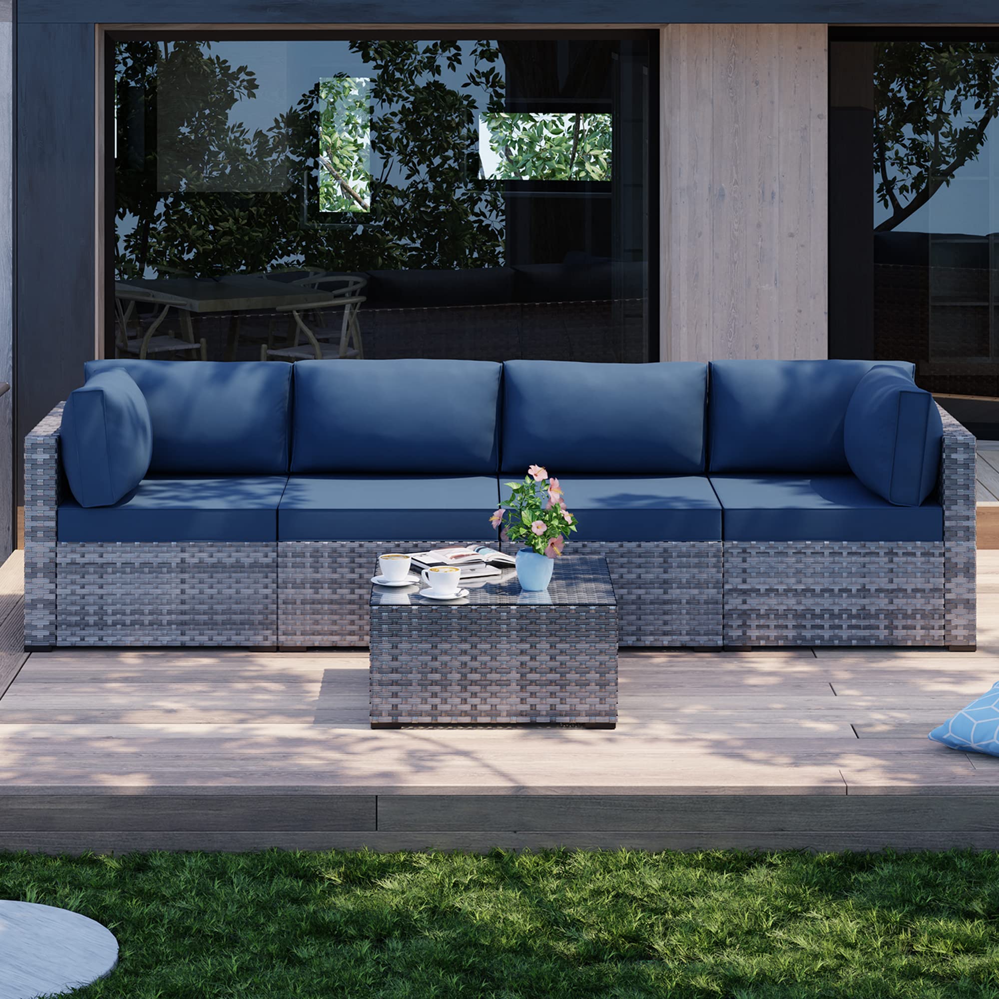 Shintenchi 5 Pieces Outdoor Patio Sectional Sofa Couch, Silver Gray PE Wicker Furniture Conversation Sets with Washable Cushions