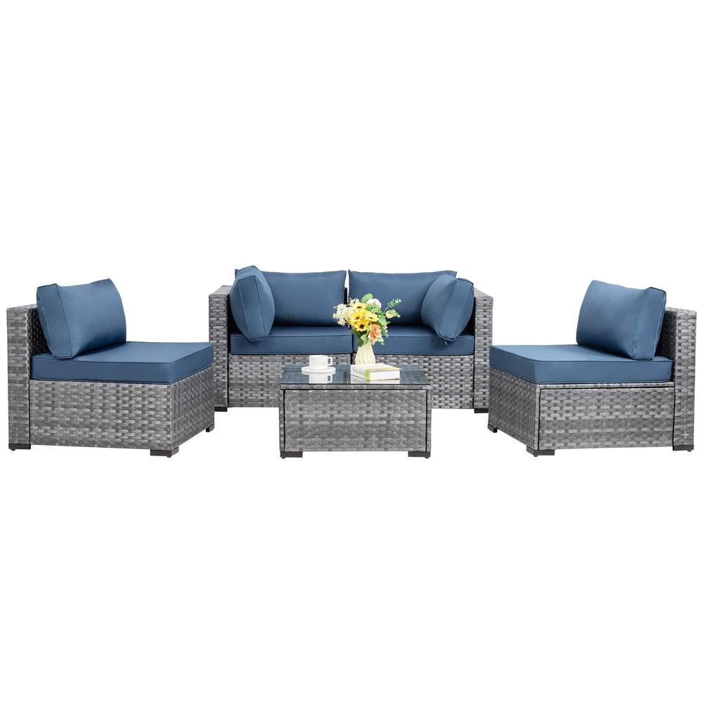 Shintenchi 5 Pieces Outdoor Patio Sectional Sofa Couch, Silver Gray PE Wicker Furniture Conversation Sets with Washable Cushions