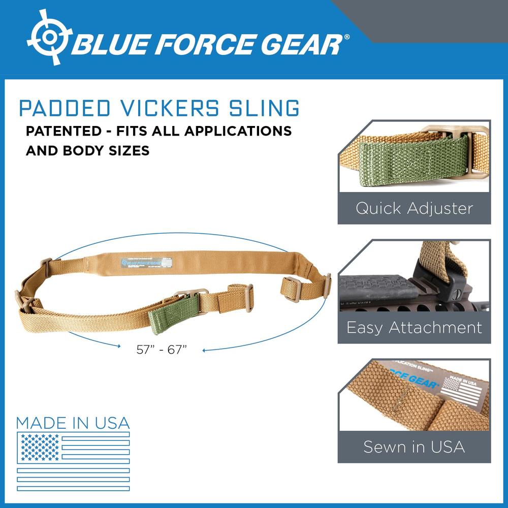 Blue Force Gear Vickers Padded Sling | 2 Point Sling Adjusts for Carrying Positions | Sling with Padded Strap | 57-67 inches (Bl