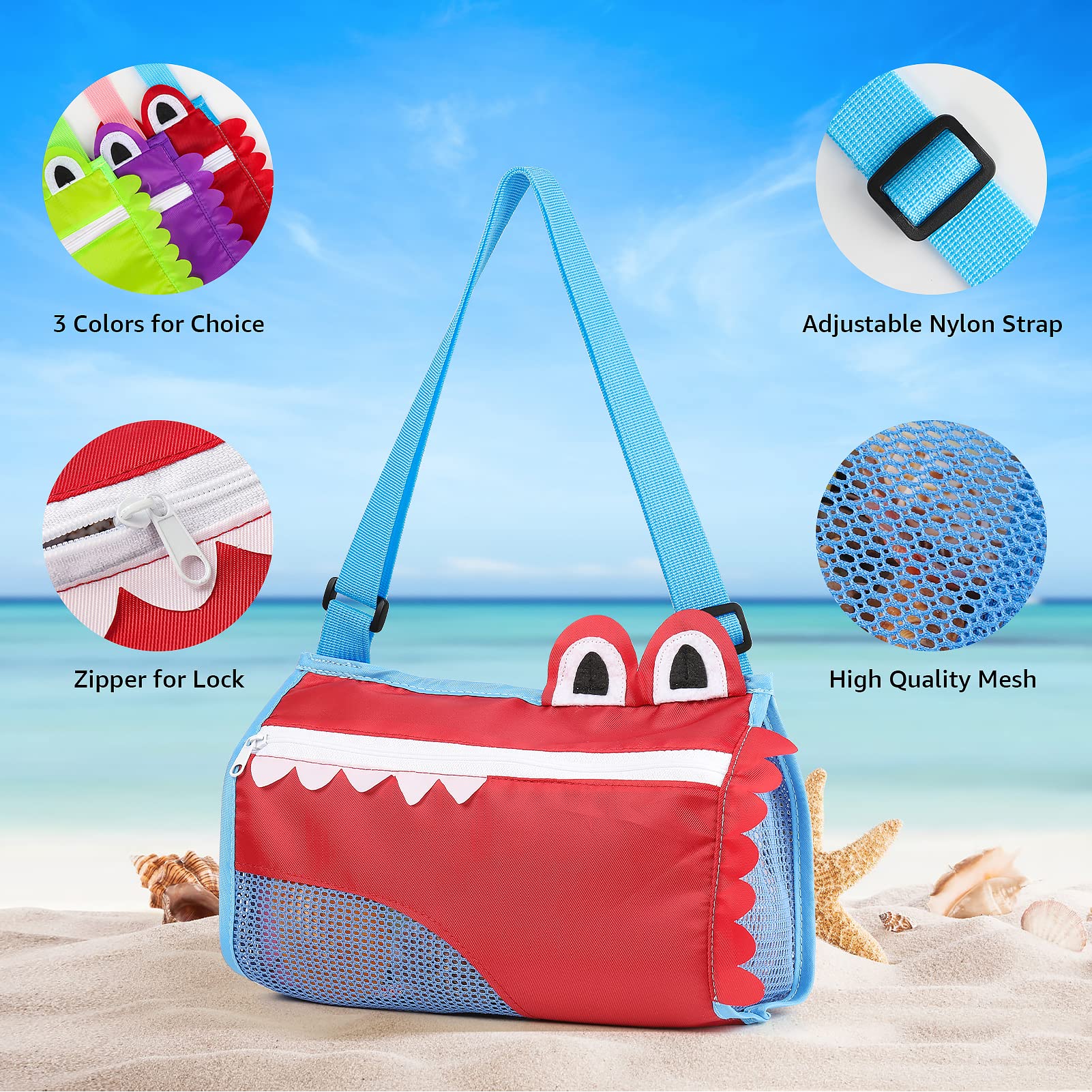 HOMETALL Beach Toys Mesh Beach Bags for Holding Beach Shell,Kids Beach Essentials Must Haves Tools, Boys and Girls Shelling Sand