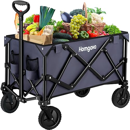Homgava Collapsible Folding Wagon Cart,Outdoor Beach Wagon,Heavy Duty Garden Cart with All Terrain Wheels,Portable Large Capacit