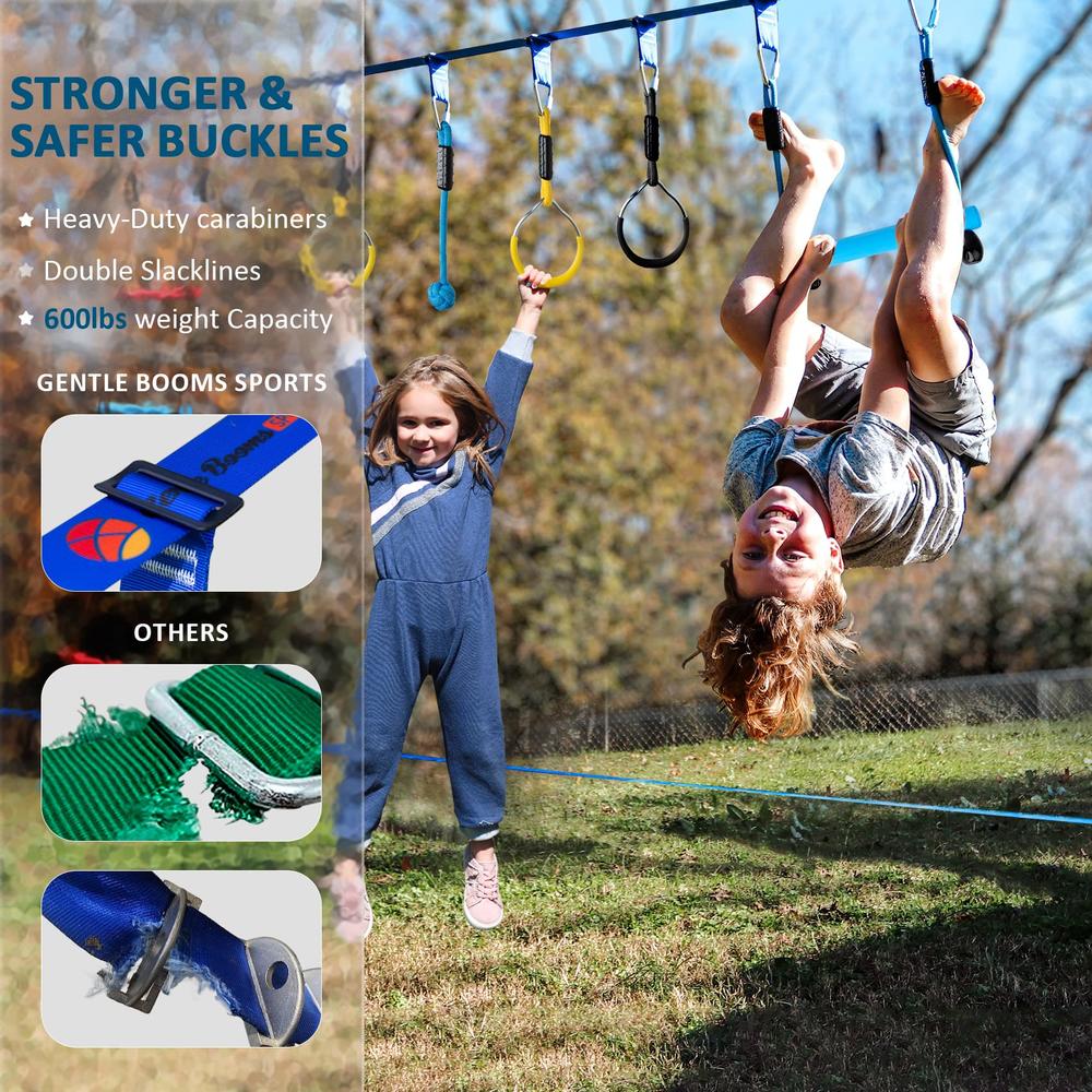 Gentle Booms Sports Ninja Warrior Obstacle Course for Kids, 2×56ft Slackline Kit with 8 Ninja Accessories - Monkey Bar, Rope Ladder, Gymnastic Ring,