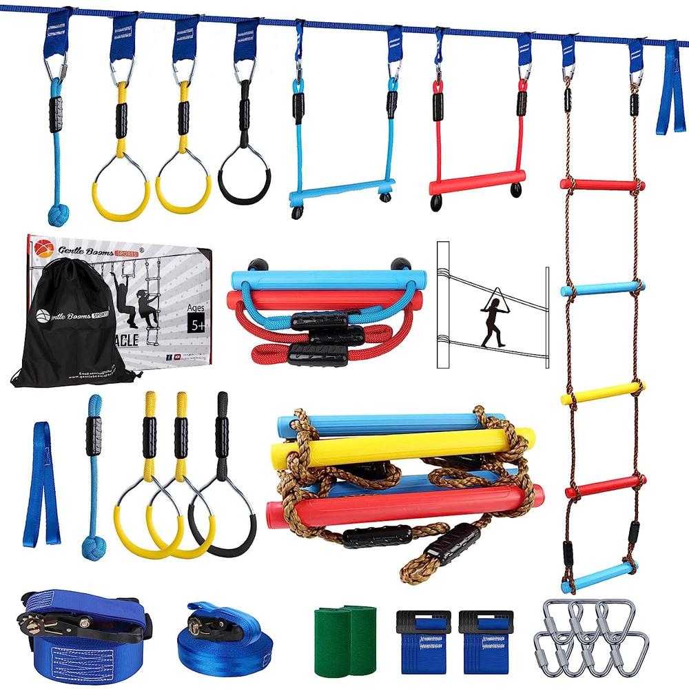 Gentle Booms Sports Ninja Warrior Obstacle Course for Kids, 2×56ft Slackline Kit with 8 Ninja Accessories - Monkey Bar, Rope Ladder, Gymnastic Ring,