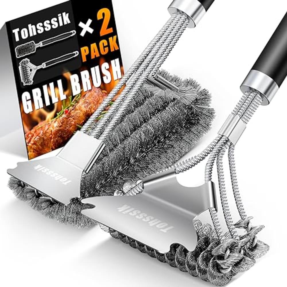 Tohsssik 2pcs grill Brush for Outdoor grill, Stainless grill cleaner Brush and Scraper, 17 BBQ Brush for grill cleaning & grill 