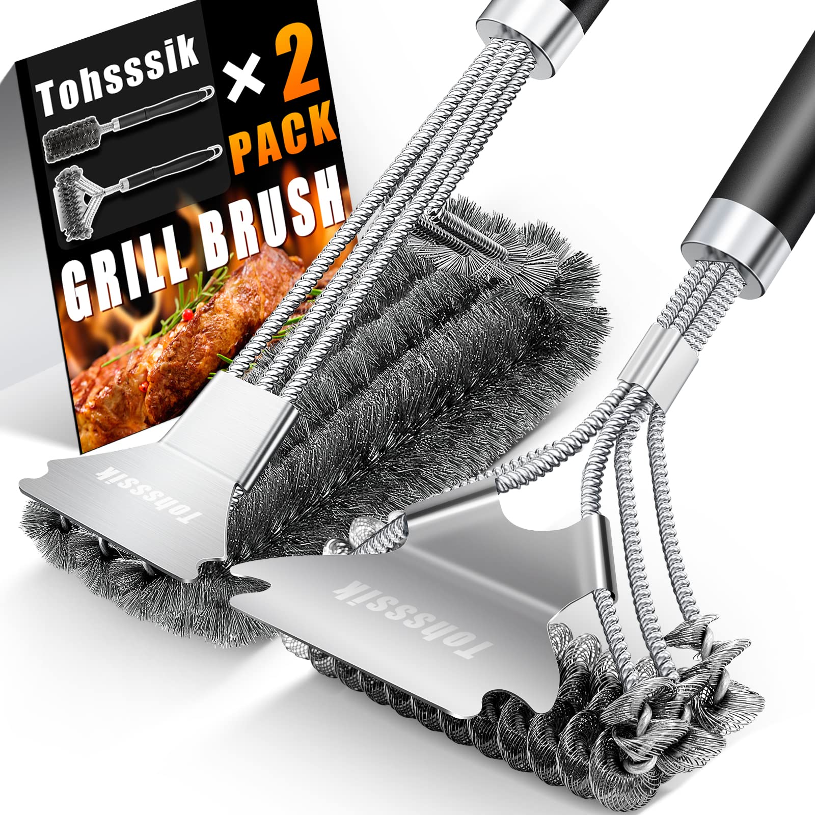 Tohsssik 2pcs grill Brush for Outdoor grill, Stainless grill cleaner Brush and Scraper, 17 BBQ Brush for grill cleaning & grill 