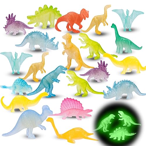 AugToy 48Pcs Glow in Dark Mini Dinosaur Figures Birthday Party Favors Supplies Dino Cupcake Toppers Goodie Bags Stuffers Pinata Goody F