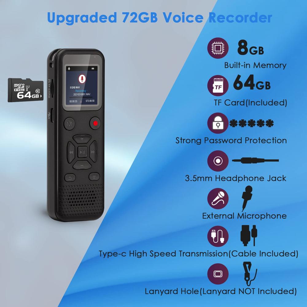dgtenk 72GB Digital Voice Activated Recorder: Portable Tape Recorder with Playback Audio Recording Device for Lectures Meetings, Small