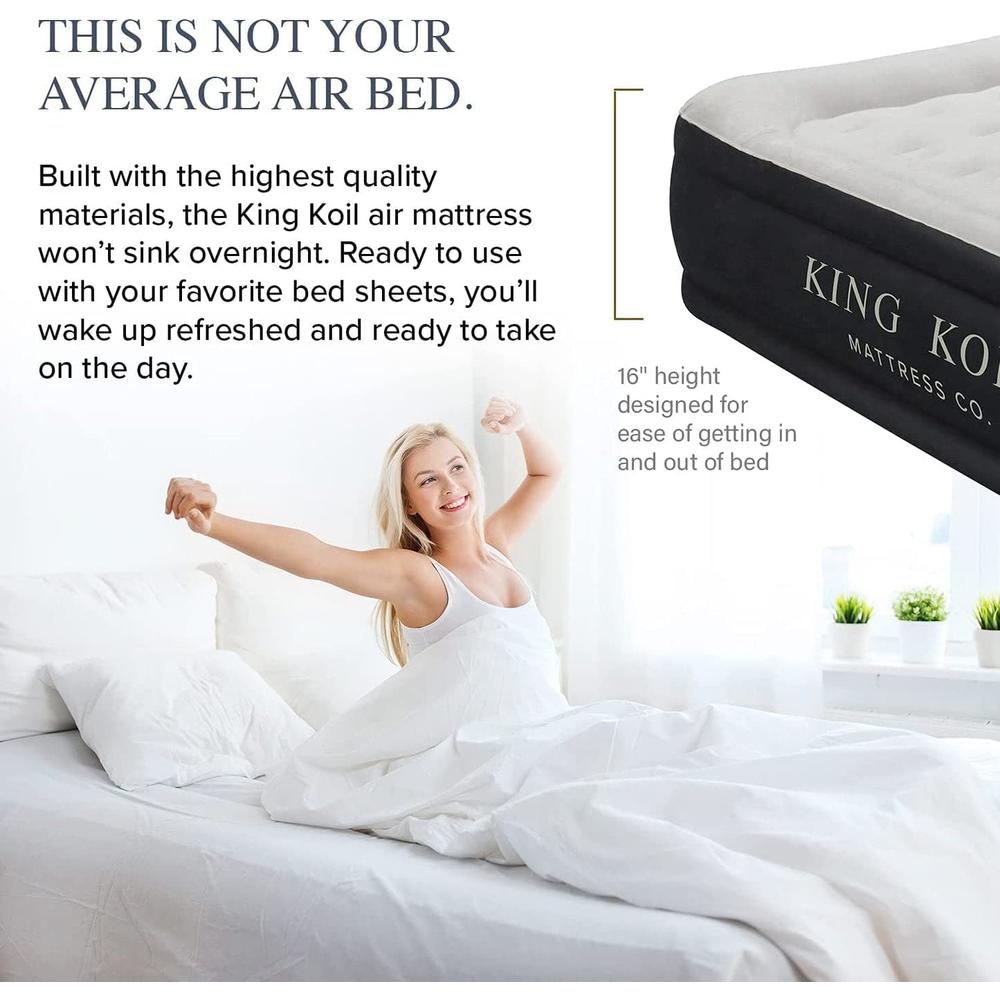 King Koil Luxury Queen Air Mattress with Built-in High Speed Pump, Blow Up Bed Top and Side Flocking, Puncture Resistant, Double
