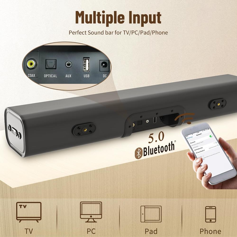 BESTISAN Soundbar for TV Soundbar Wireless Bluetooth 5.0 Sound Bar with 3 Equalizer Modes for Home Theater, Game, PC, Phones (Re