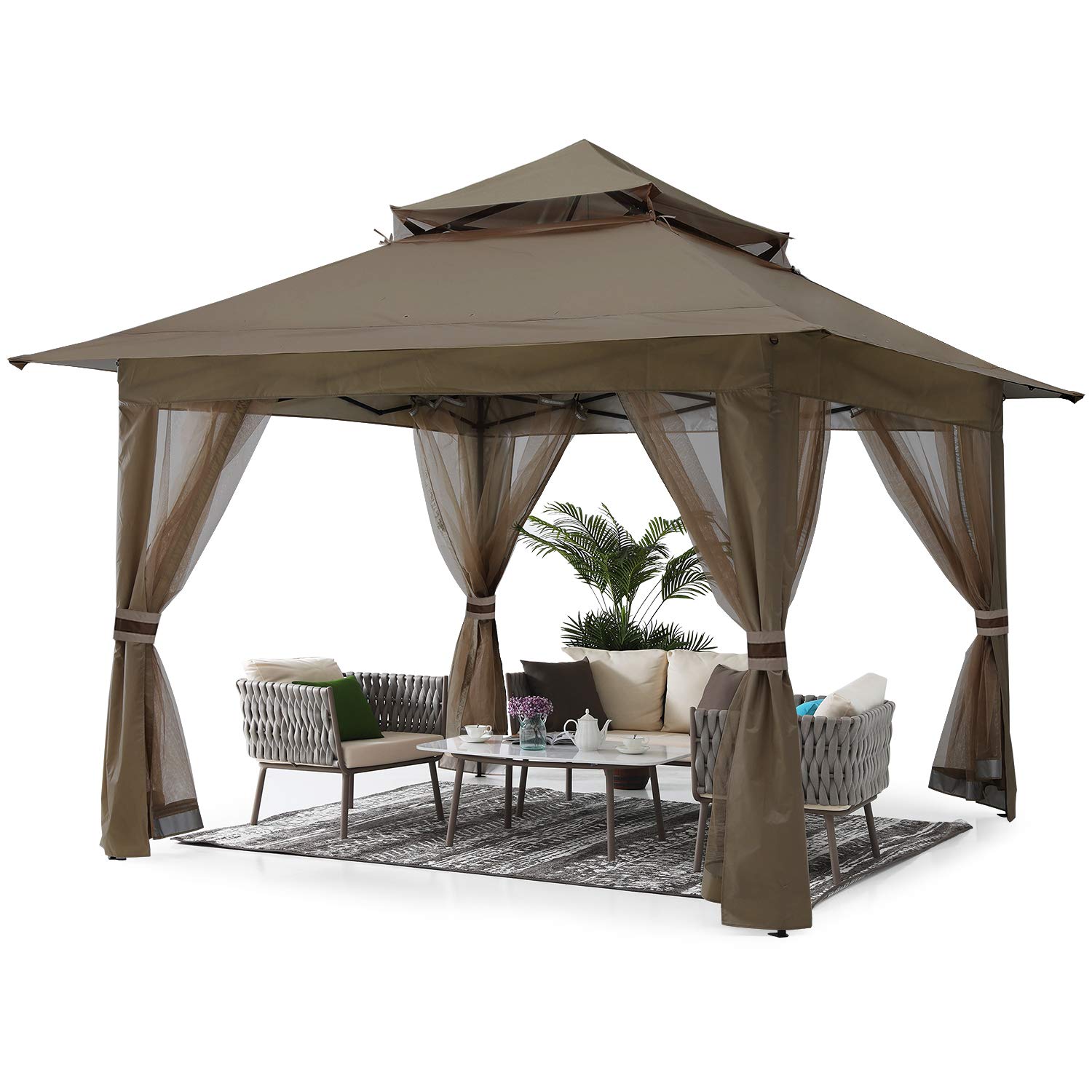 ABCCANOPY Pop Up Gazebo 13x13 - Outdoor Canopy Tent with Mosquito Netting for Patio Garden Backyard (Brown)