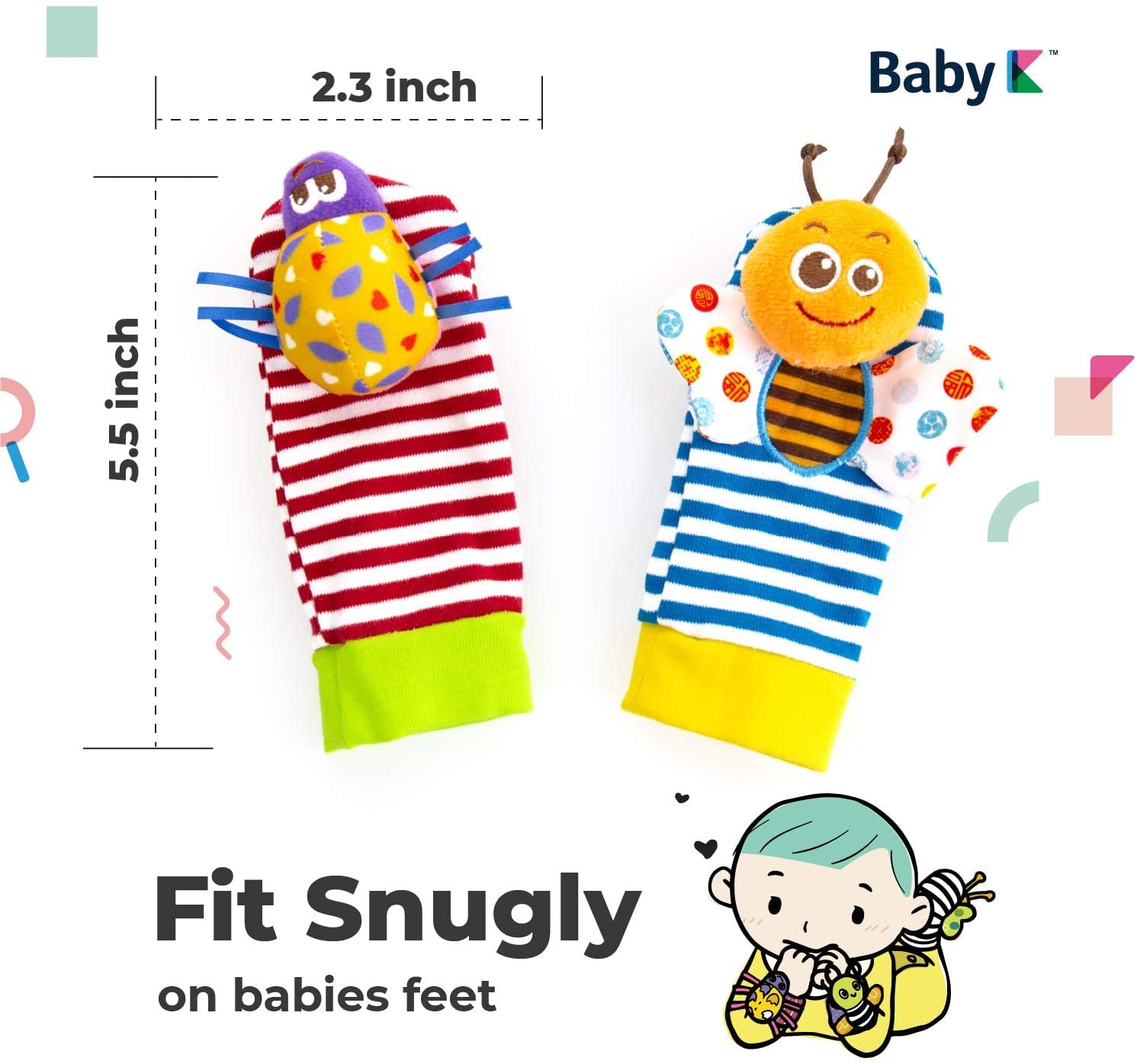 BABY K Baby Rattle Socks for Girls & Boys (Set B) - Baby Toys 6-12 Months - Baby Wrist Rattles and Foot Rattles - Baby Toys for