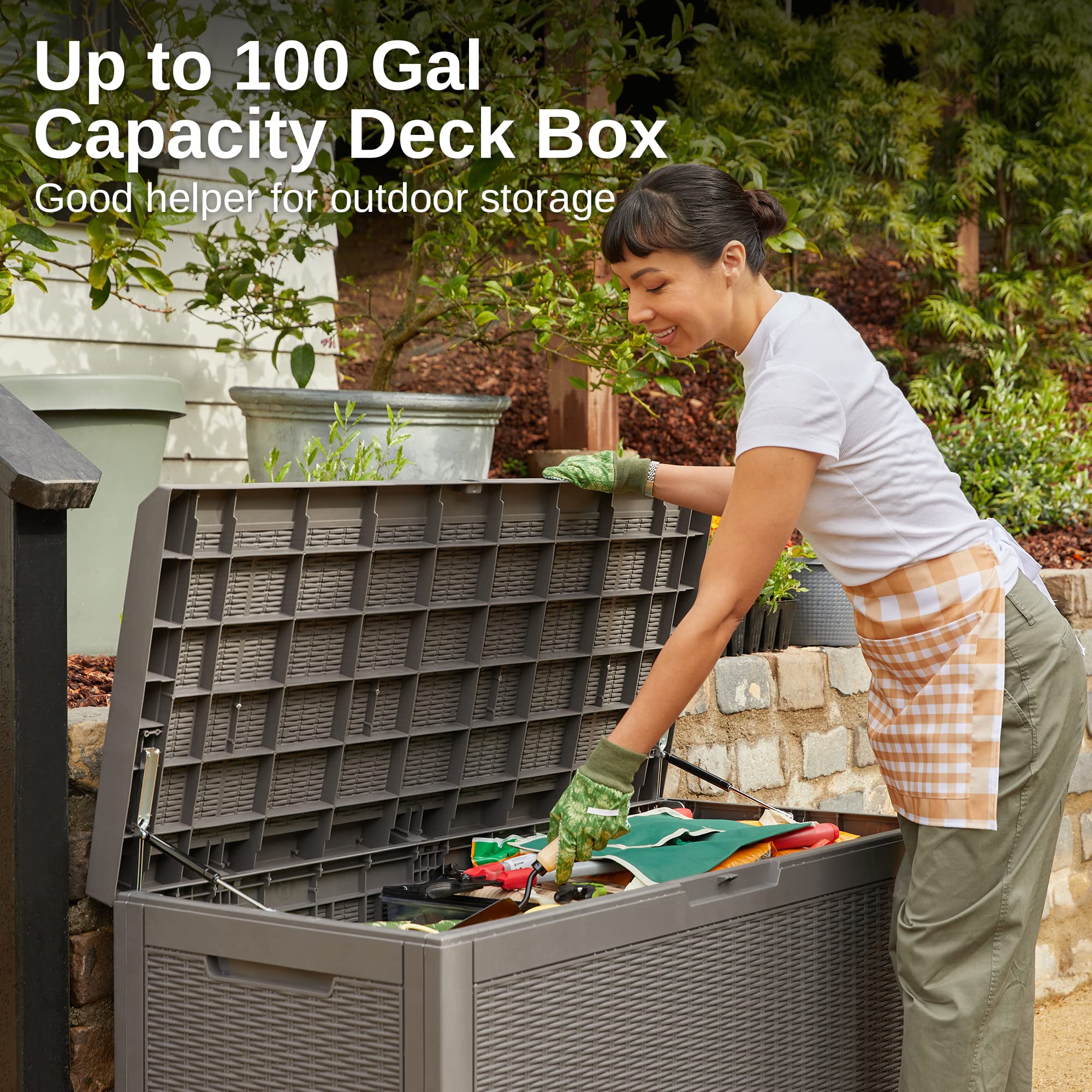 EAST OAK 100 Gallon Large Deck Box, Outdoor Storage Box with Padlock for Patio Furniture, Patio Cushions, Gardening Tools, Pool