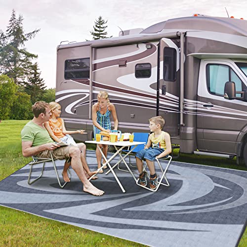 EEZ RV Products 9'x18' GW Heavy Duty Reversible/Durable Outdoor Patio/RVing Mats(9ft x18ft Grey) Come with Large Storage Bag & 6