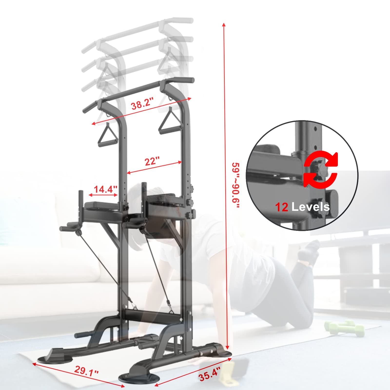 HOMEZILLIONS Power Tower Dip Station Pull Up Bar Exercise Tower Adjustable Pull Up Station for Home Gym Multi-Function Strength Training Fitn