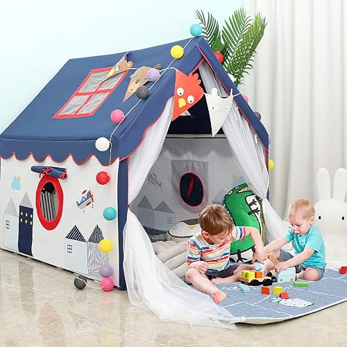 YOIKO Kids Tents Indoor Playhouses Boys 9.9Ft Star String Lights Blue Tent for Upgraded Large and Longer Curtain with Colorful A