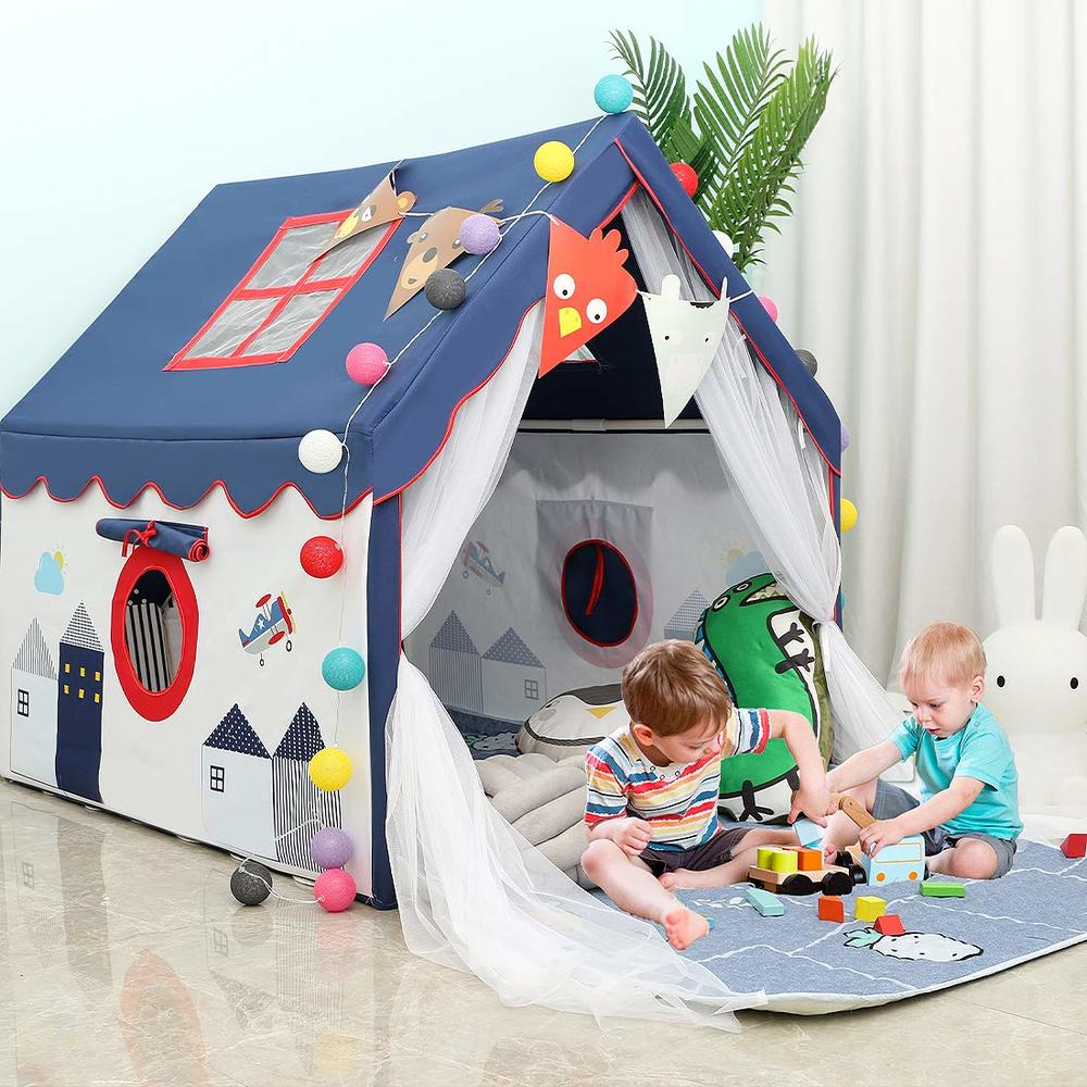 YOIKO Kids Tents Indoor Playhouses Boys 9.9Ft Star String Lights Blue Tent for Upgraded Large and Longer Curtain with Colorful A