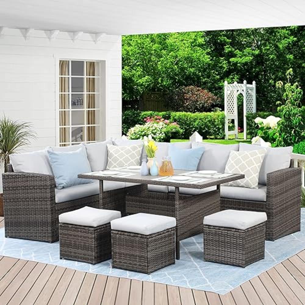 Wisteria Lane Outdoor Patio Furniture Set, 7 Piece Outdoor Dining Sectional Sofa with Dining Table and Chair, All Weather Wicker