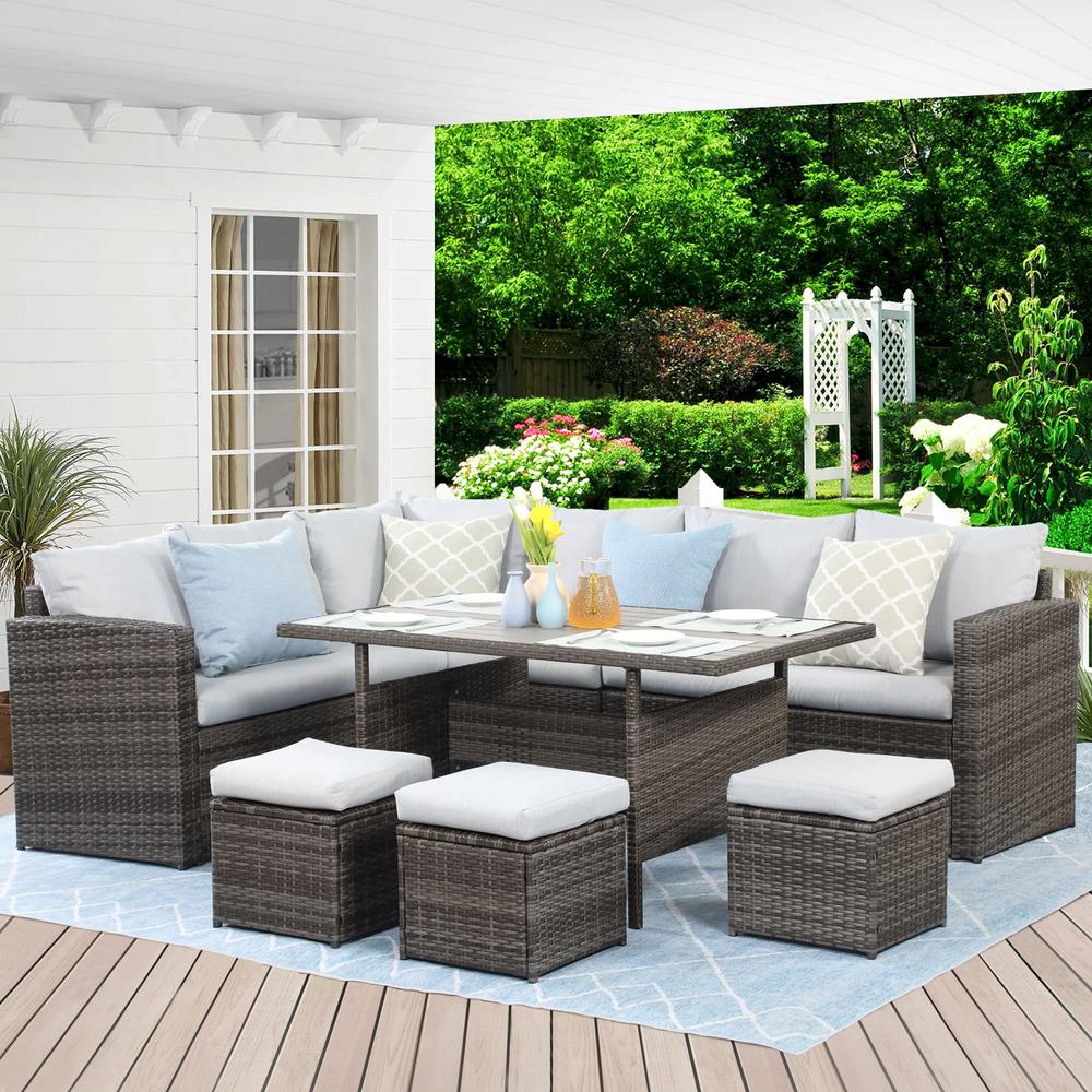 Wisteria Lane Outdoor Patio Furniture Set, 7 Piece Outdoor Dining Sectional Sofa with Dining Table and Chair, All Weather Wicker