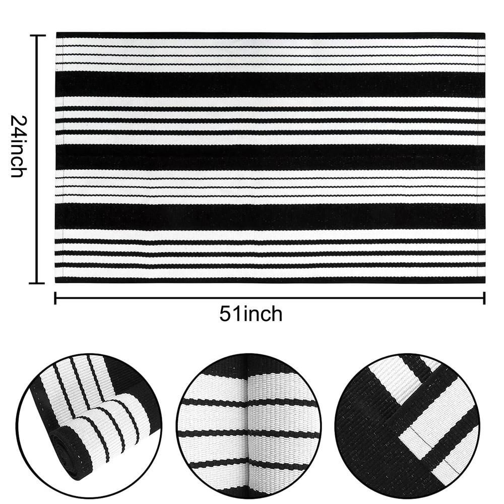 BUAGETUP Striped Outdoor Porch Rug 24'' x 51''Black and White Front, Machine Washable Hand-Woven Indoor/Outdoor Layered Door Mats for Ent