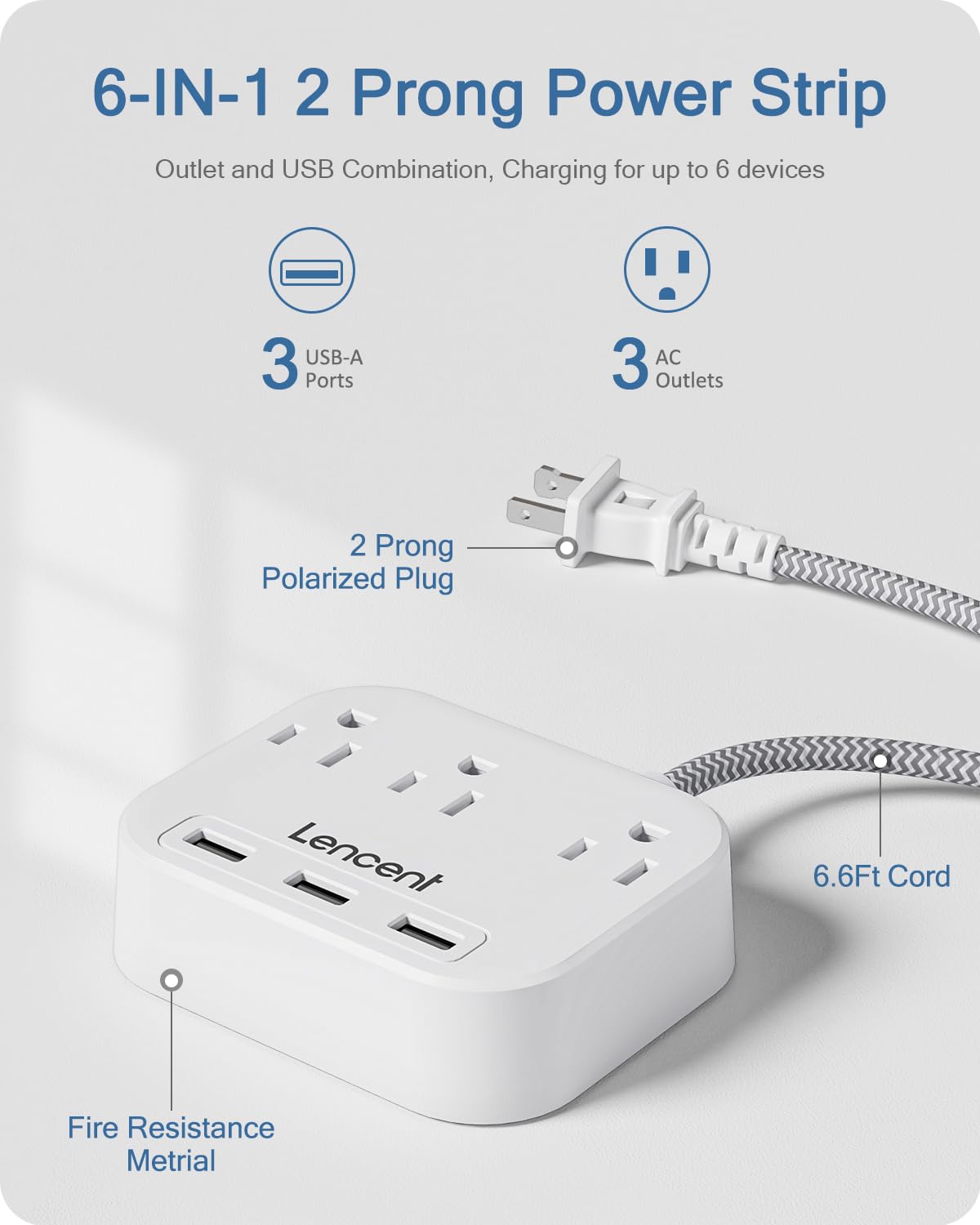 LENCENT 2 Prong Power Strip, 3 Prong to 2 Prong Outlet Adapter, 6.6ft Braided Extension Cord with Polarized Plug, 3 AC Outlets &