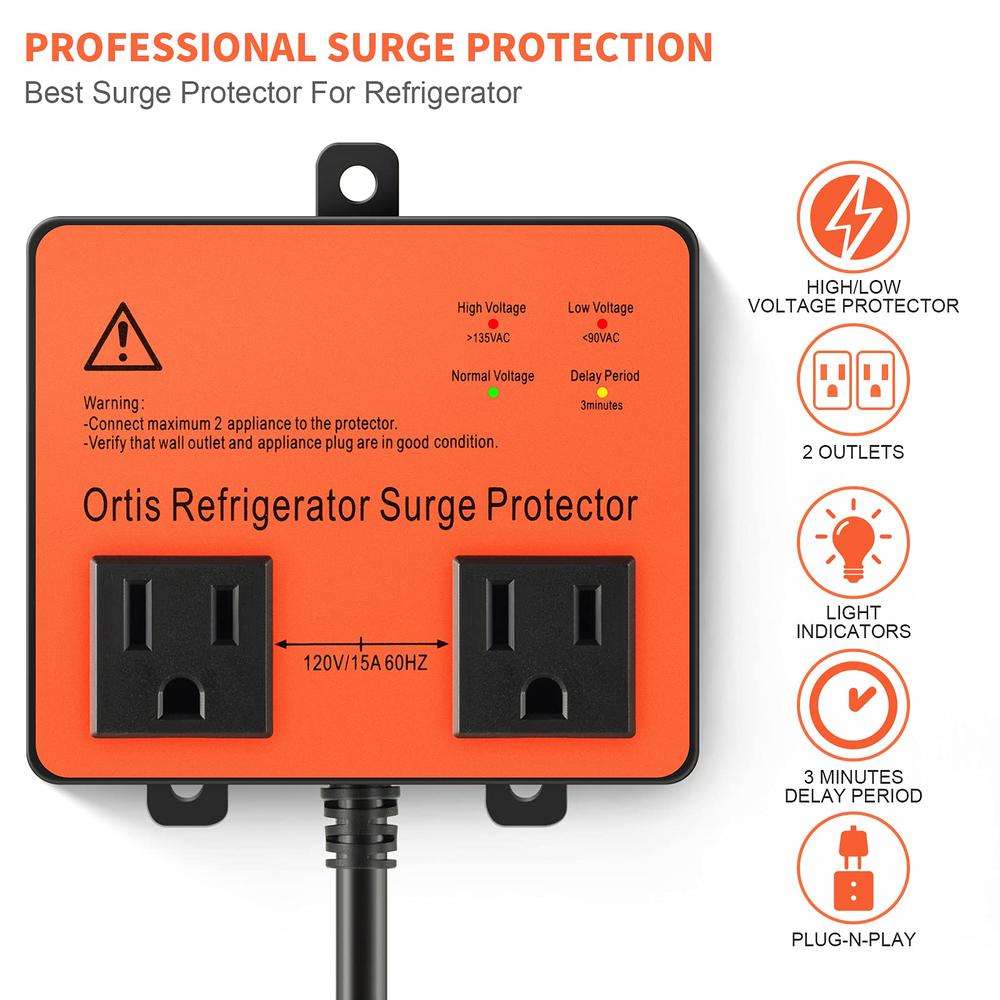 Ortis Refrigerator Surge Protector, Ortis Double Outlet Voltage Protector for Home Appliances with Time Delay, Protects Against Browno