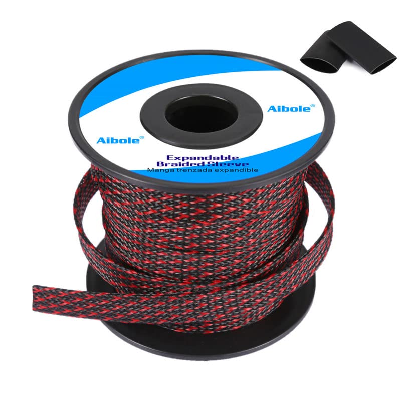 100FT-1/4Inch PET Expandable Braided Sleeving 100Ft-14 inch Wire Loom,  Aibole Braided cable Sleeve Wire Wrap,Black&Red