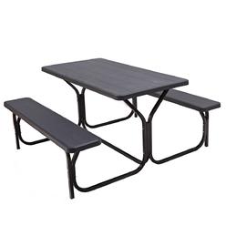 Giantex Picnic Bench Set Outdoor Camping All Weather Metal Base Wood-Like Texture Backyard Poolside Dining Party Garden Lawn Dec