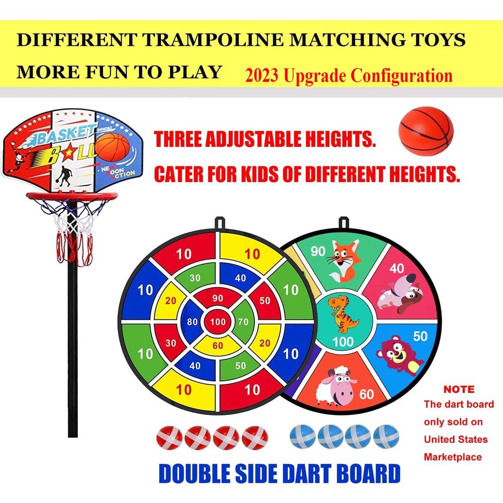 LANGXUN 60" Trampoline for Kids, 5ft Mini Toddler Indoor & Outdoor Trampoline with Net, Basketball Hoop & Dart Board, Birthday G