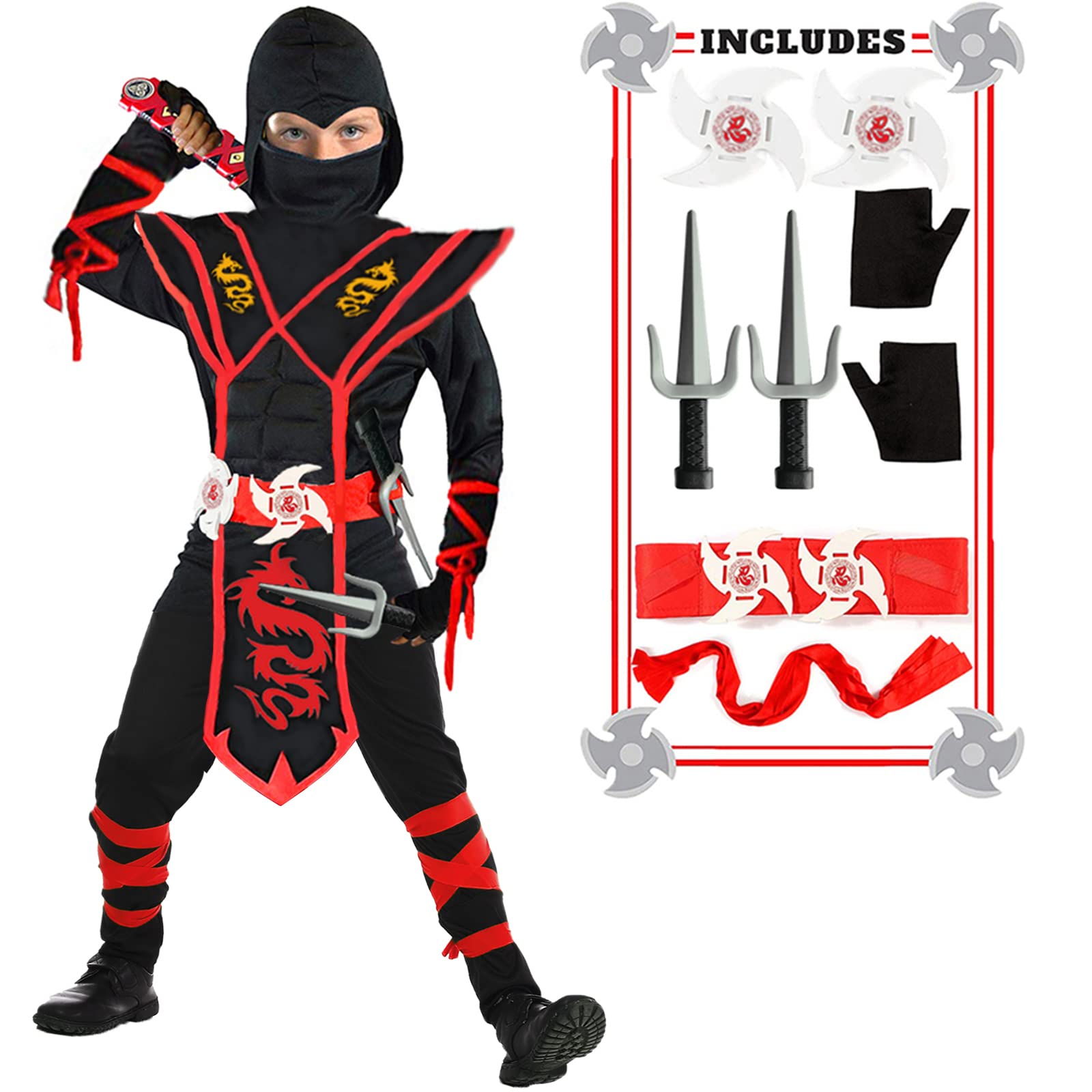 SATKULL Ninja Deluxe Costume Set for Kids Muscle Ninja Costume with Ninja Foam Accessories -14 Pieces