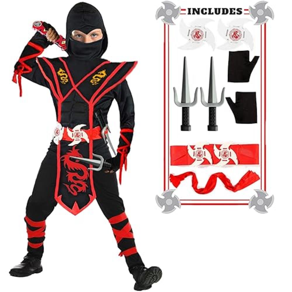 SATKULL Ninja Deluxe Costume Set for Kids Muscle Ninja Costume with Ninja Foam Accessories -14 Pieces