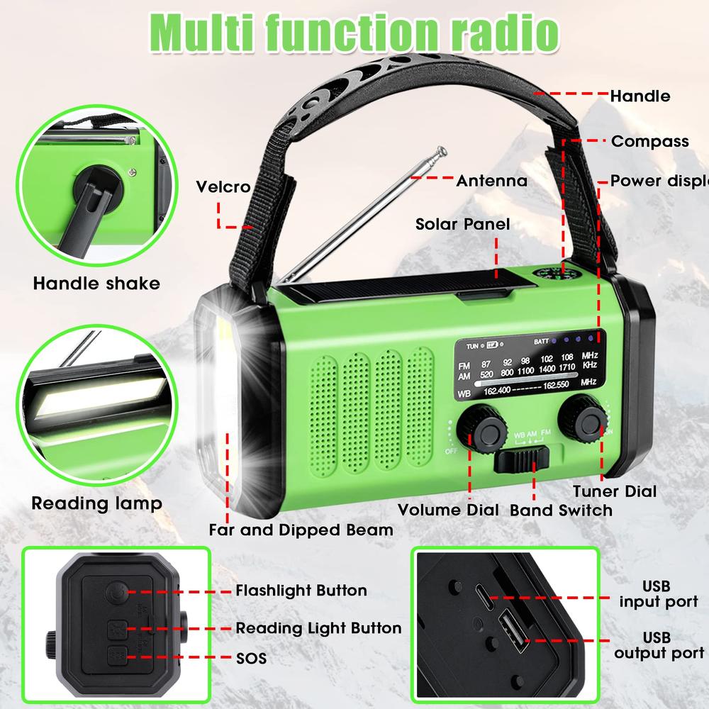 Leaton 10000mAh Emergency Radio, Crank Radio, Solar Radio, NOAA/AM/FM Weather Radio, Type-C Charging Portable Radio, 3 Mode Flashlight,