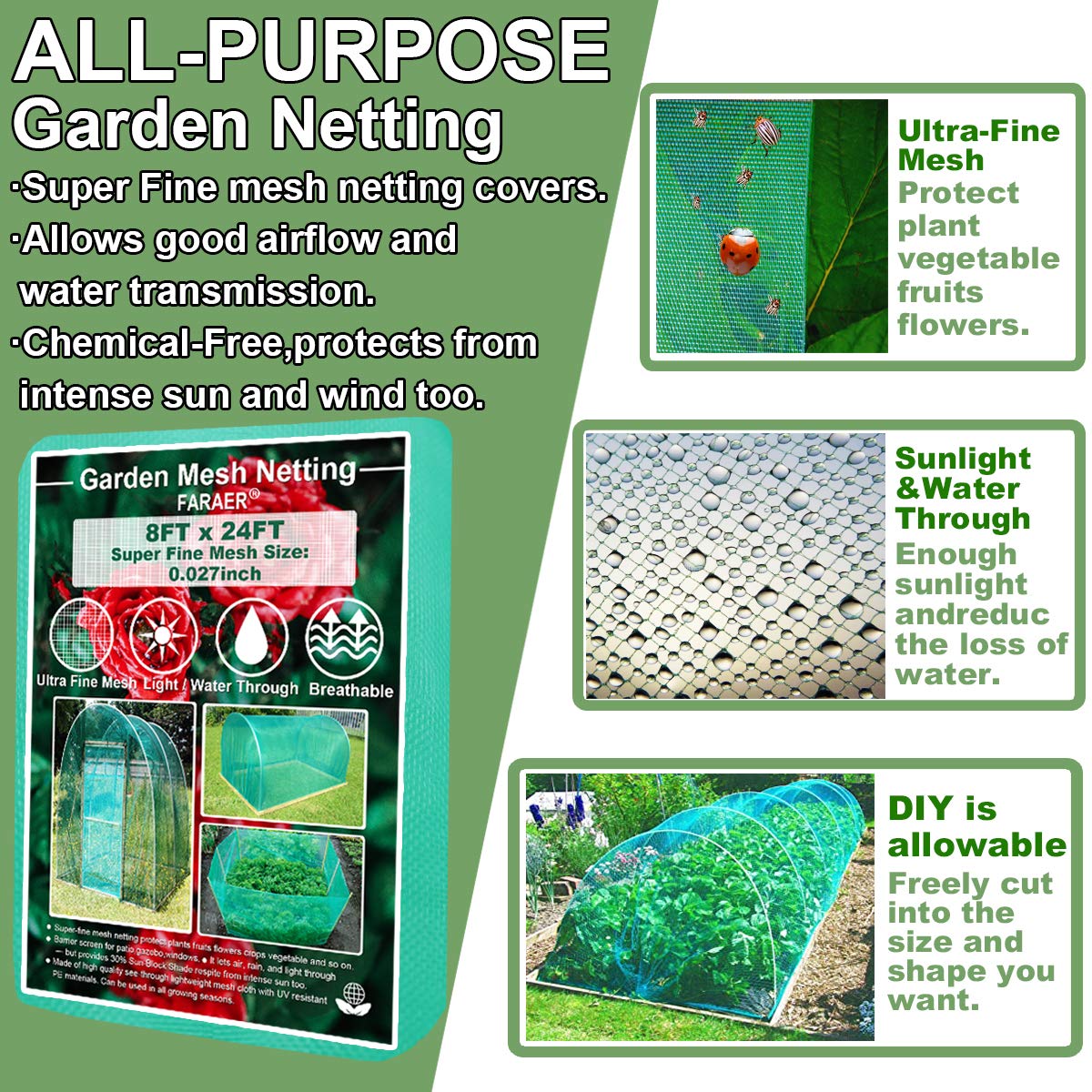 Faraer Garden Barrier Netting, Plant Covers 8x24ft Extra Fine Mesh 30% Sun Net Green Sunblock Mesh Shade Protection Netting for Vegetab