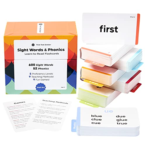 Think Tank Scholar 652 Sight Words/Phonics Flash Cards, Learn to Read: CVC Blends, Short/Long Vowel Sounds, Dolch & Fry High Fre