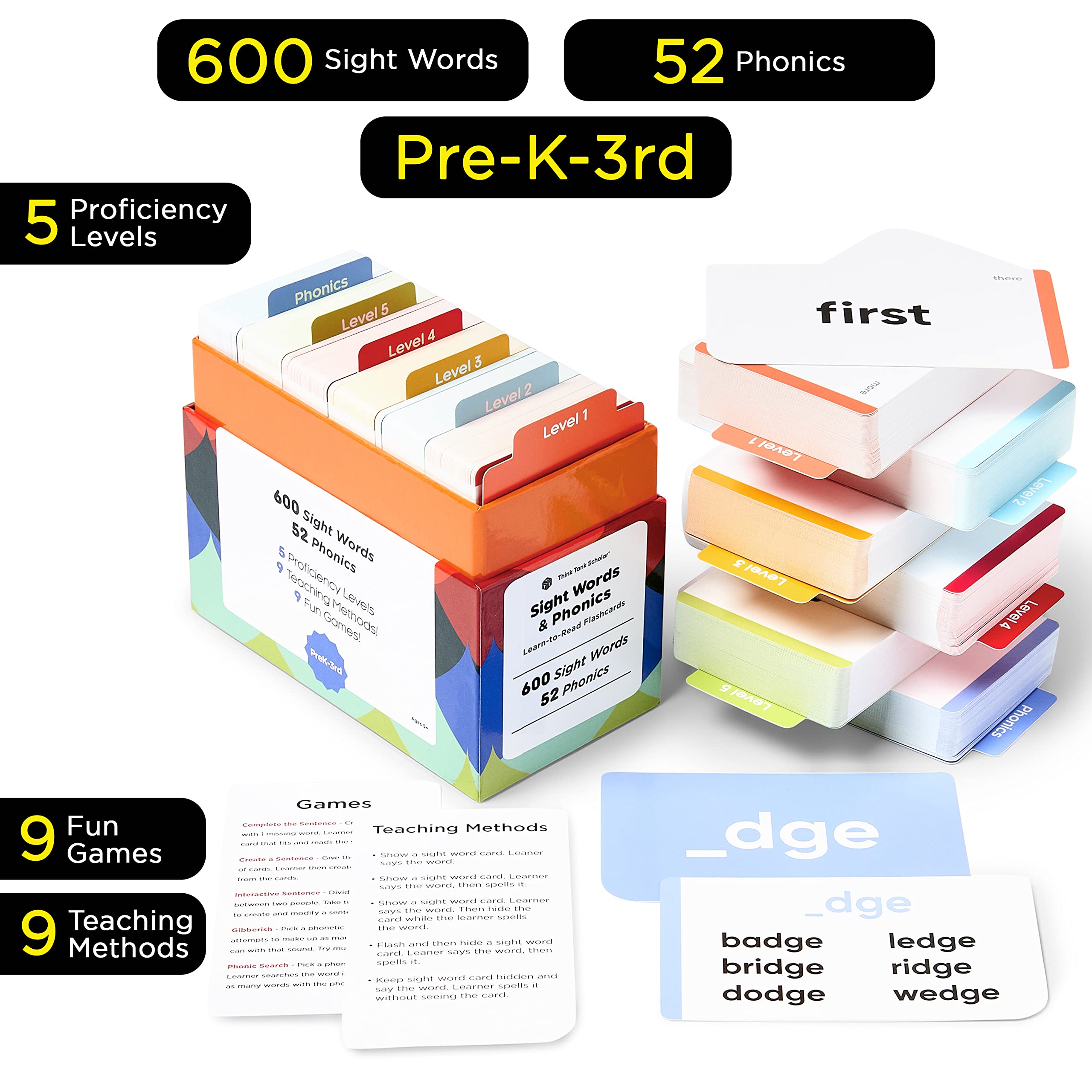 Think Tank Scholar 652 Sight Words/Phonics Flash Cards, Learn to Read: CVC Blends, Short/Long Vowel Sounds, Dolch & Fry High Fre