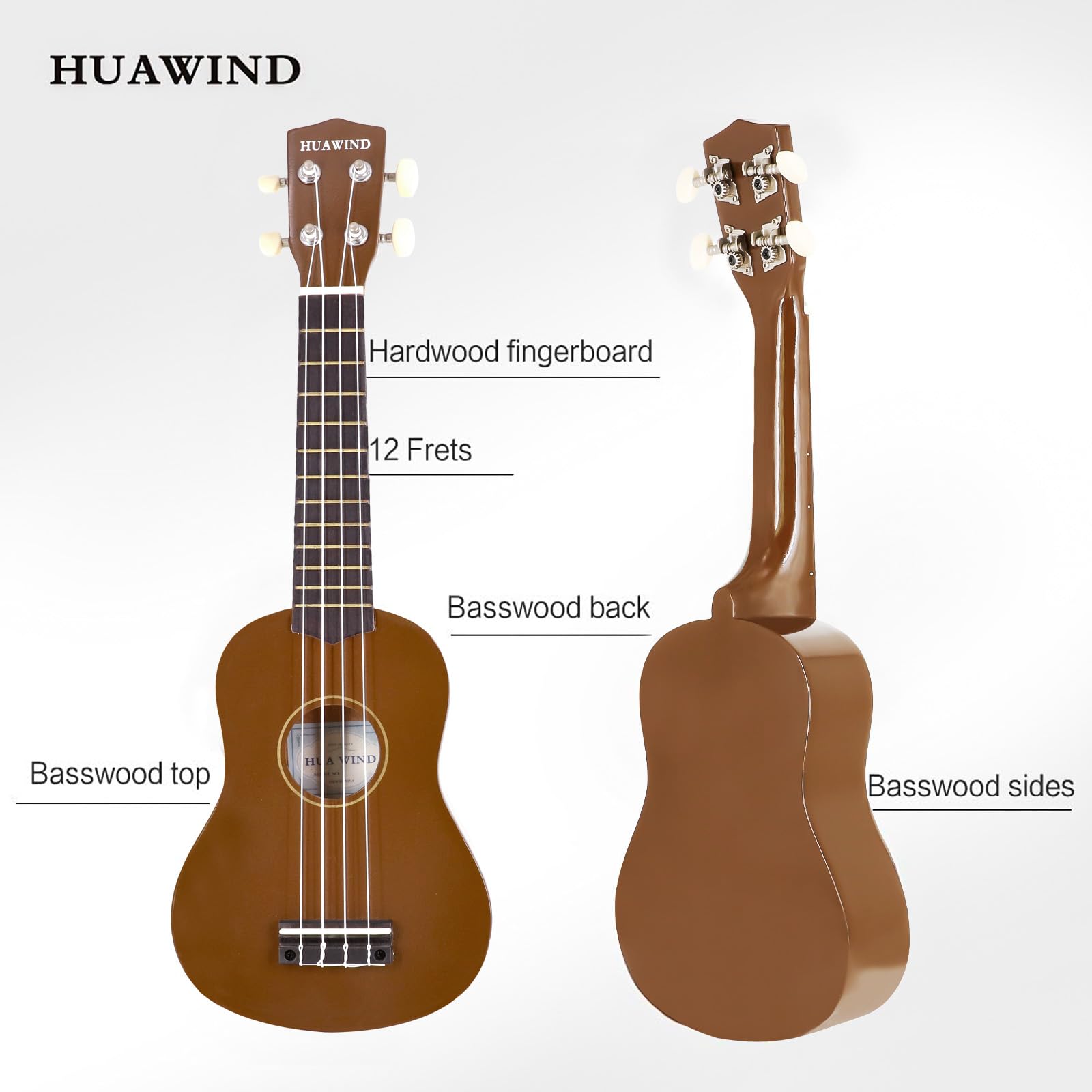 HUAWIND 21 Inch Soprano Ukulele for Beginners, Four String Wood Hawaiian toddler Ukulele with Gig Bag (Brown)
