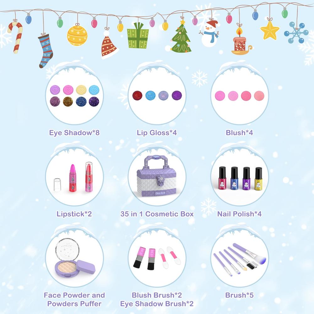 girlsHome Kids Makeup Kit for girl 35 Pcs Washable Toddler Makeup Kit, girl Toys Real cosmetic Little girls Makeup Set, Safe & N