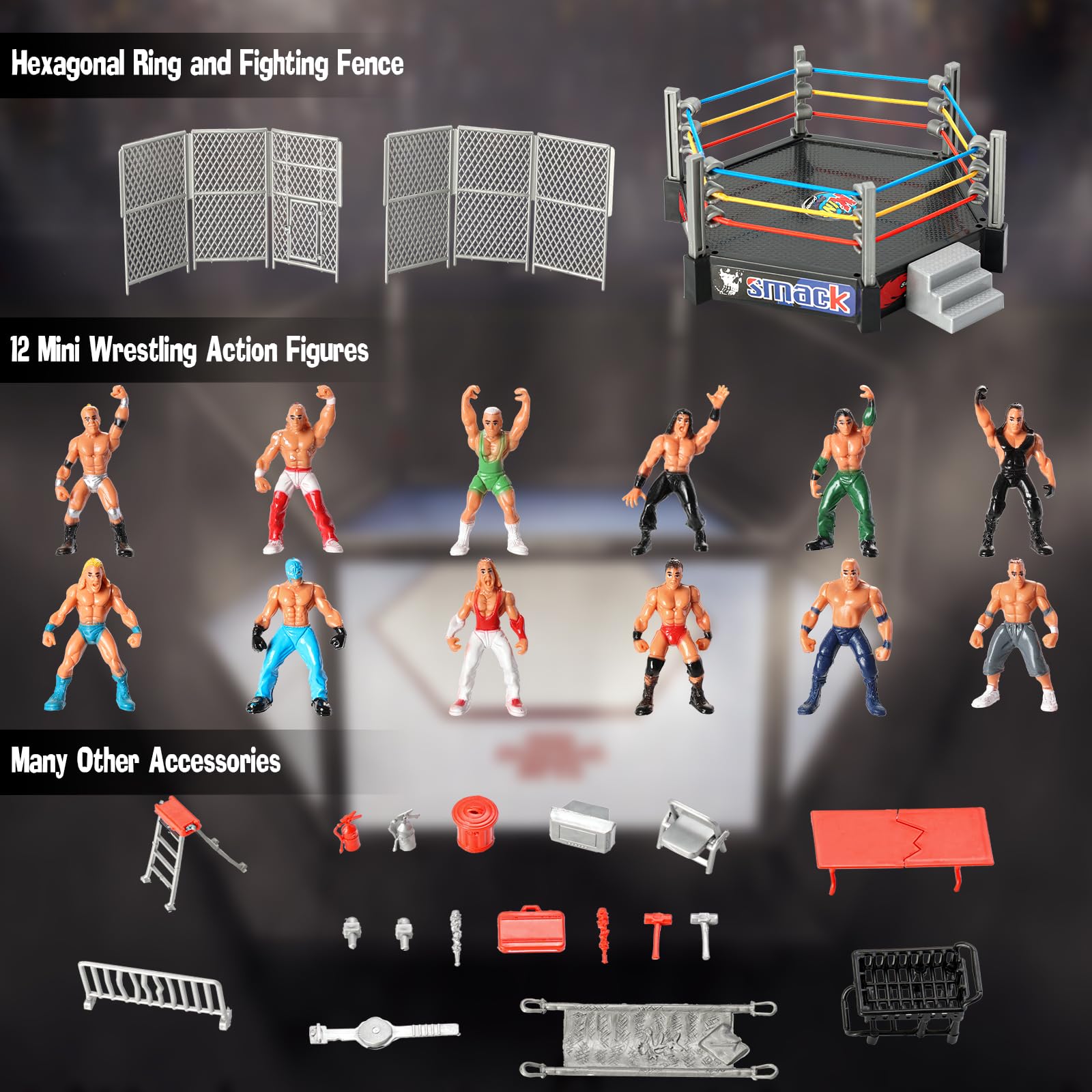 HAPTIME 32 Pcs Wrestling Toys for Kids, Mini Wrestlers Playset with 12 Wrestling Action Figures, 2 Wrestling Ring, Many Realisti