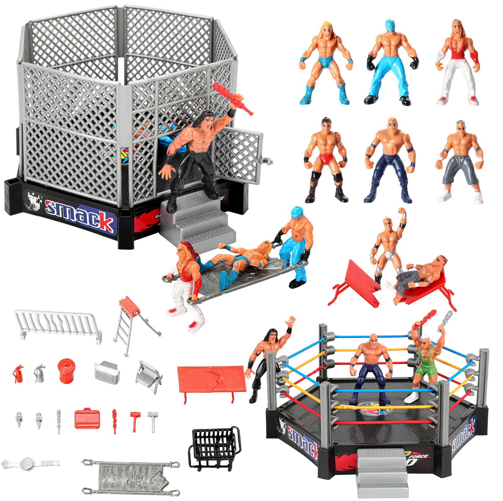 HAPTIME 32 Pcs Wrestling Toys for Kids, Mini Wrestlers Playset with 12 Wrestling Action Figures, 2 Wrestling Ring, Many Realisti