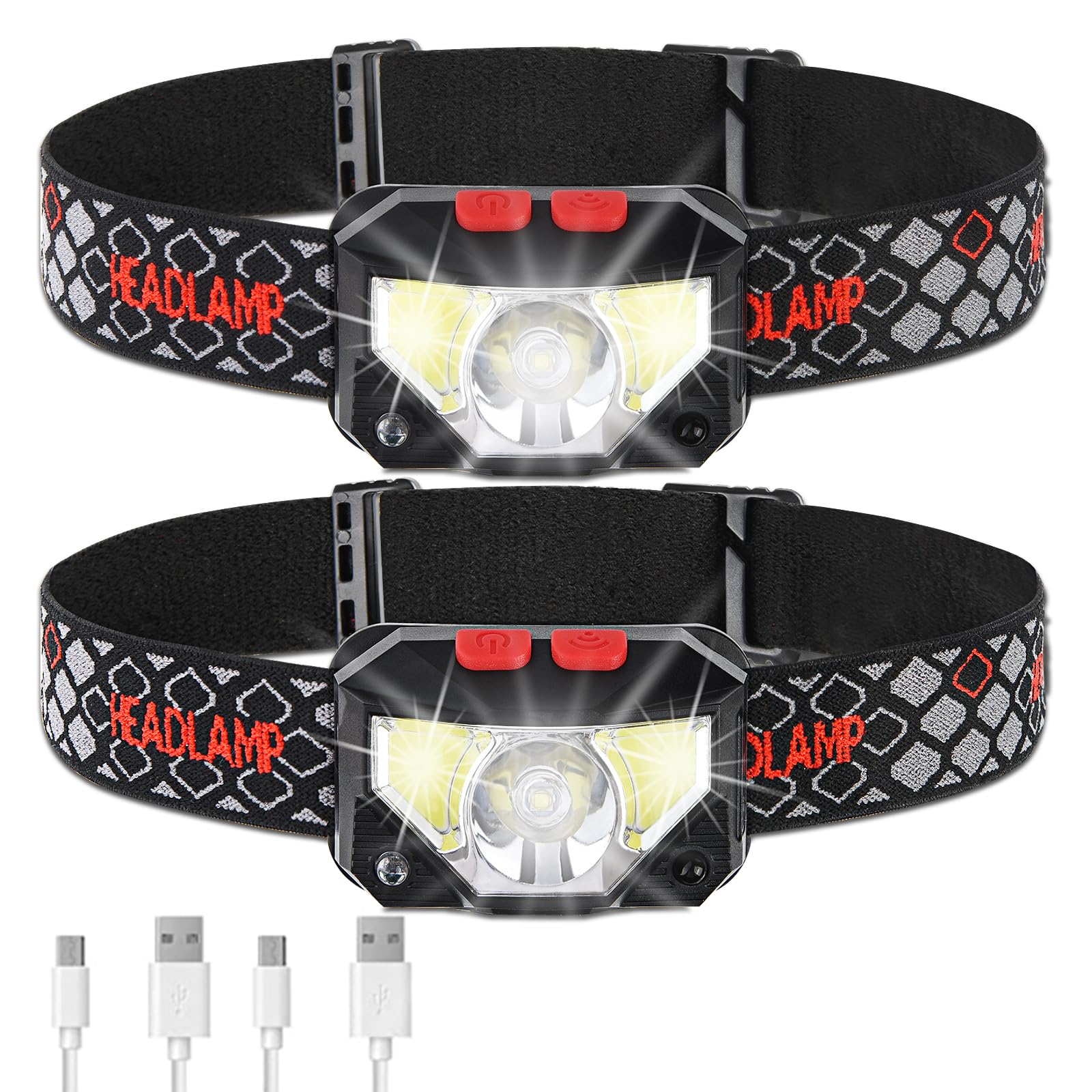 Vekkia Bright Led-Headlamp-Rechargeable, 2-Pack Waterproof-Motion-Sensor-Headlight,White Red LED Head Lamp, Head-Flashlight for 