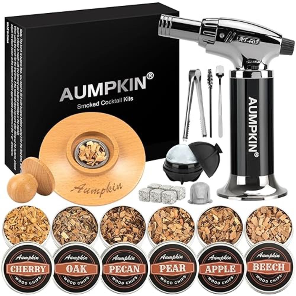 Aumpkin Cocktail Smoker Kit with Torch - 6 Flavors Wood Chips - Bourbon, Whiskey Smoker Infuser Kit, Old Fashioned Drink Smoker Kit, Bir