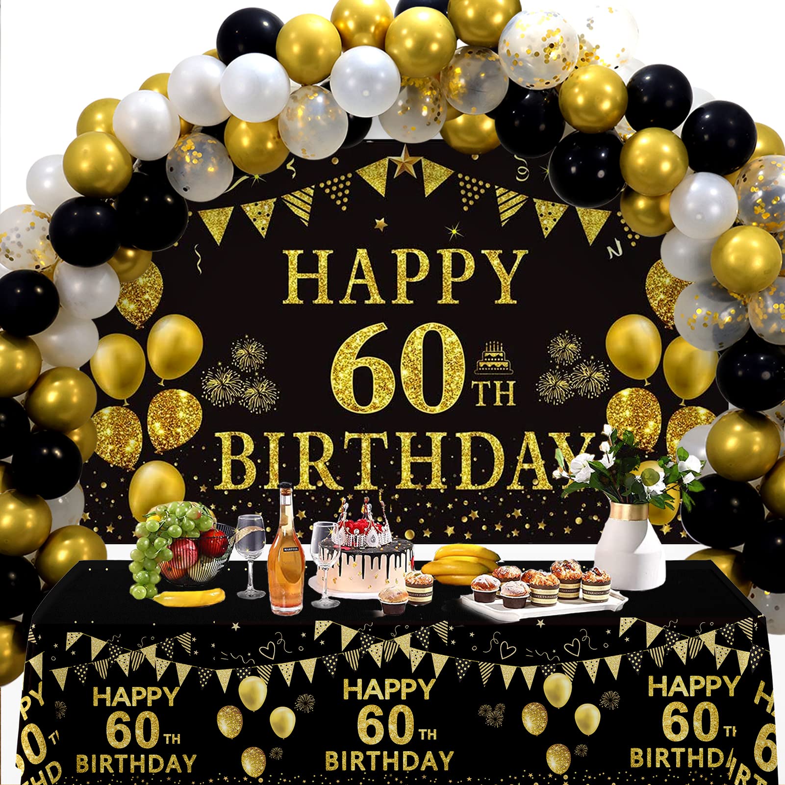 Trgowaul 60th Birthday Decorations Men Women - Black Gold Happy 60 Birthday Backdrop Banner, 2 Pcs Happy Birthday Tablecloth, 60