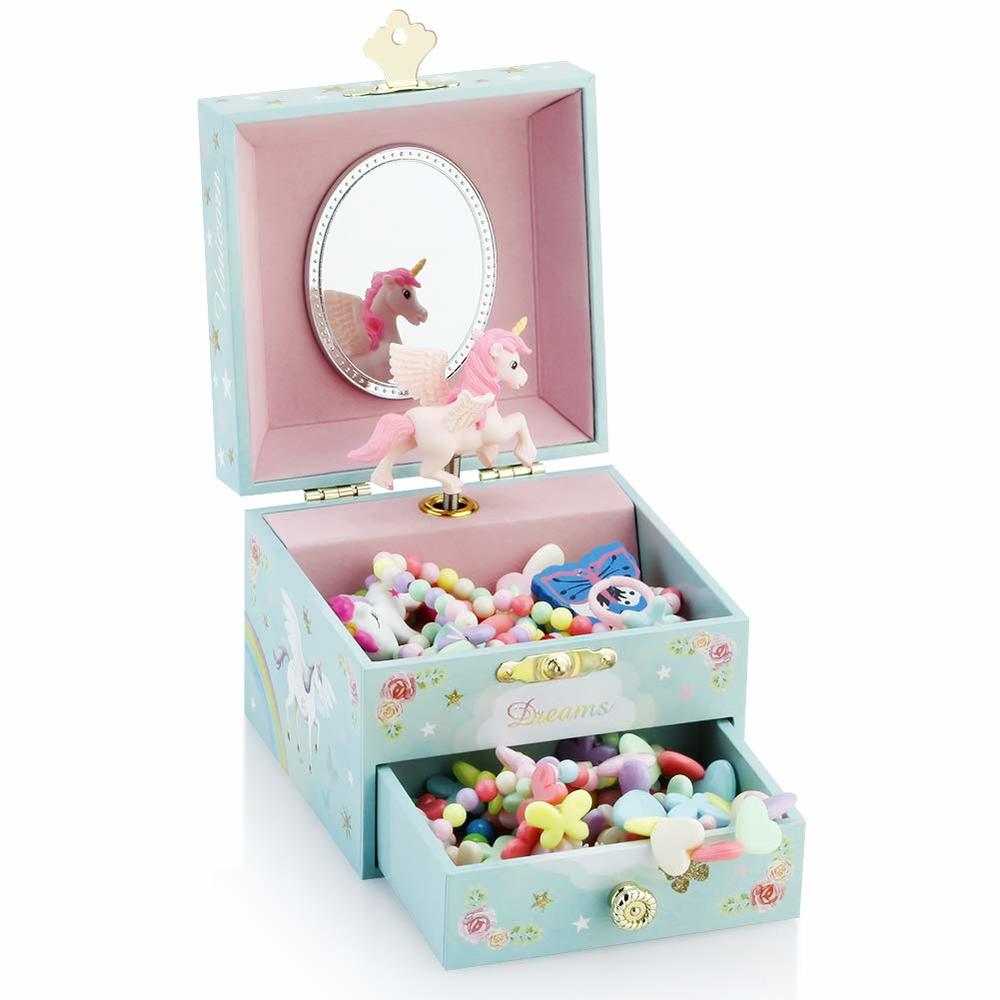 RR ROUND RICH DESIGN Kids Musical Jewelry Box for Girls with Drawer and Jewelry Set with Magical Unicorn - Blue Danube Tune Blue