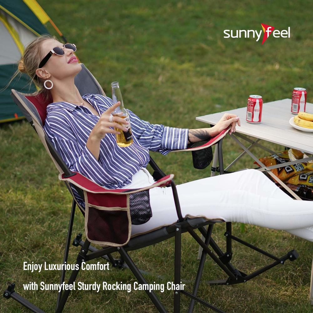 SUNNYFEEL Rocking Camping Chair, Folding Lawn Chairs with Cup Holder, Storage Pocket, Mesh Back Recliner for Beach/Outdoor/Trave