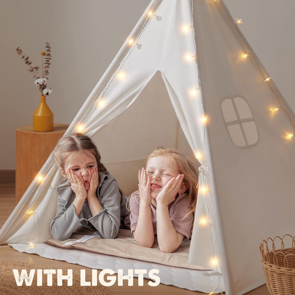 Tiny Land Large Kids Teepee Tent with Padded Mat & Light String & carry case-Kids Foldable Play Tent -Toys for 3,4,5,6 Year Old 