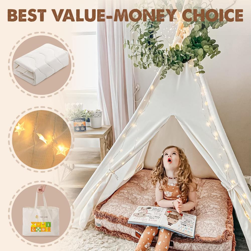 Tiny Land Large Kids Teepee Tent with Padded Mat & Light String & carry case-Kids Foldable Play Tent -Toys for 3,4,5,6 Year Old 