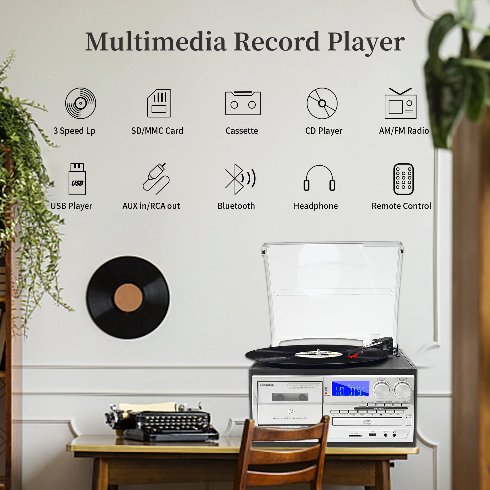 MUSITREND 9 in 1 Record Player 3 Speed Vinyl Turntable with Bluetooth AM FM Raido Cassette CD USB SD Play Bulit-in Stereo Speake