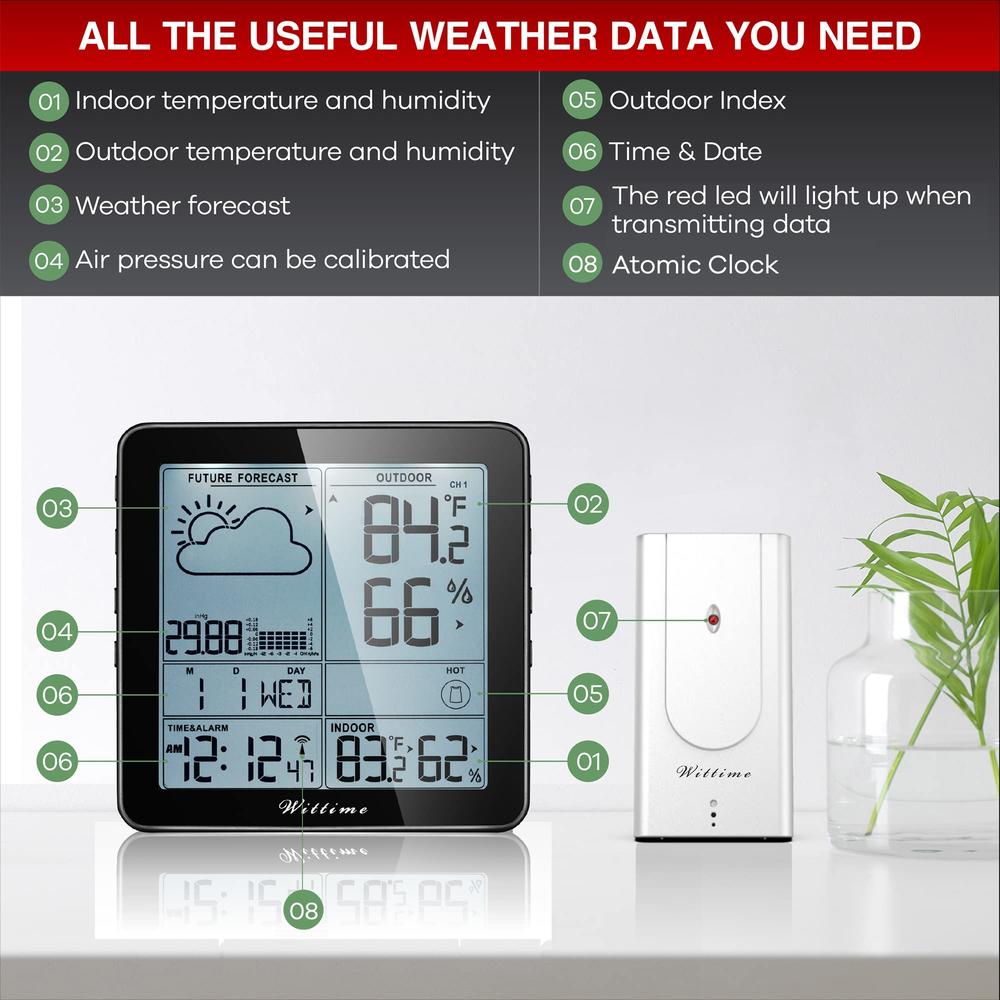 Wittime 2180 Weather Station with Atomic Clock Indoor Outdoor Thermometer Wireless Wireless Temperature and Humidity Monitor Ins
