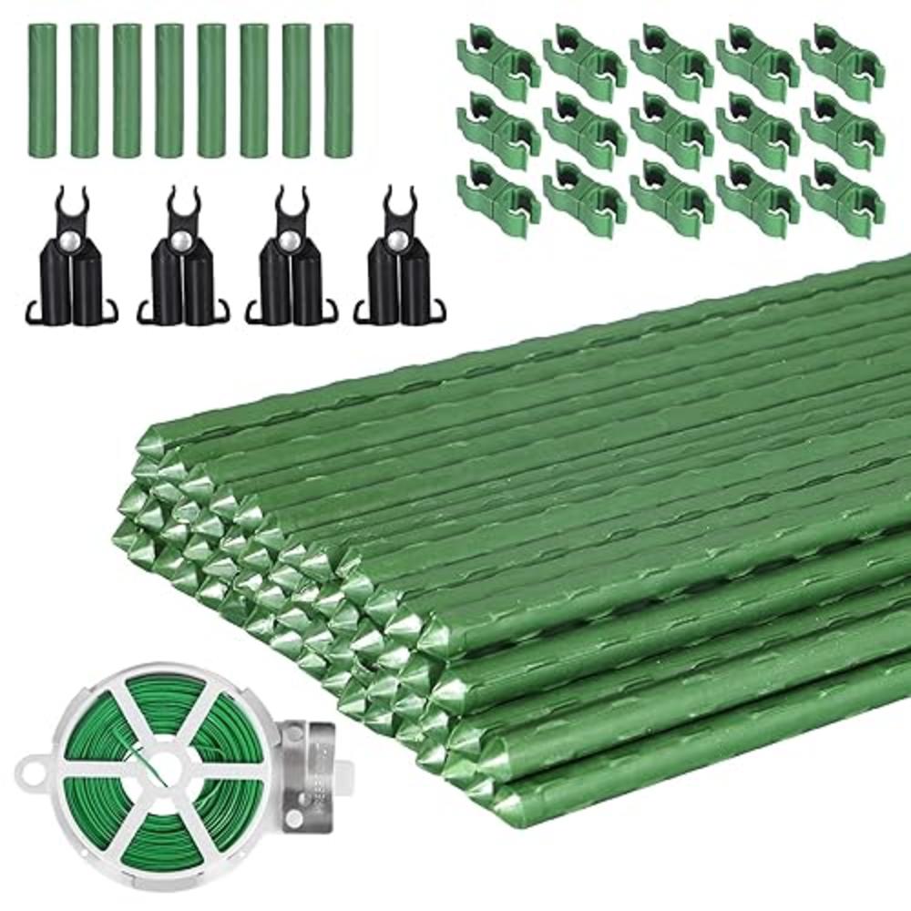 Garmeinea Garden Stakes 60 Pack, 16 Inch Each, DIY 3ft 4ft 5ft 6ft 7ft Sturdy Steel Plant Stakes with 50 Connectors, 30 Rotatable Clips, 1