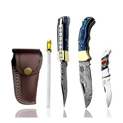Best.Buy.Damascus1 Pocket knife 6.5" Knife Blue Wood Folding Knife Damascus Pocket knife 3Pcs Knife Set, Pocket knife For Men Kn