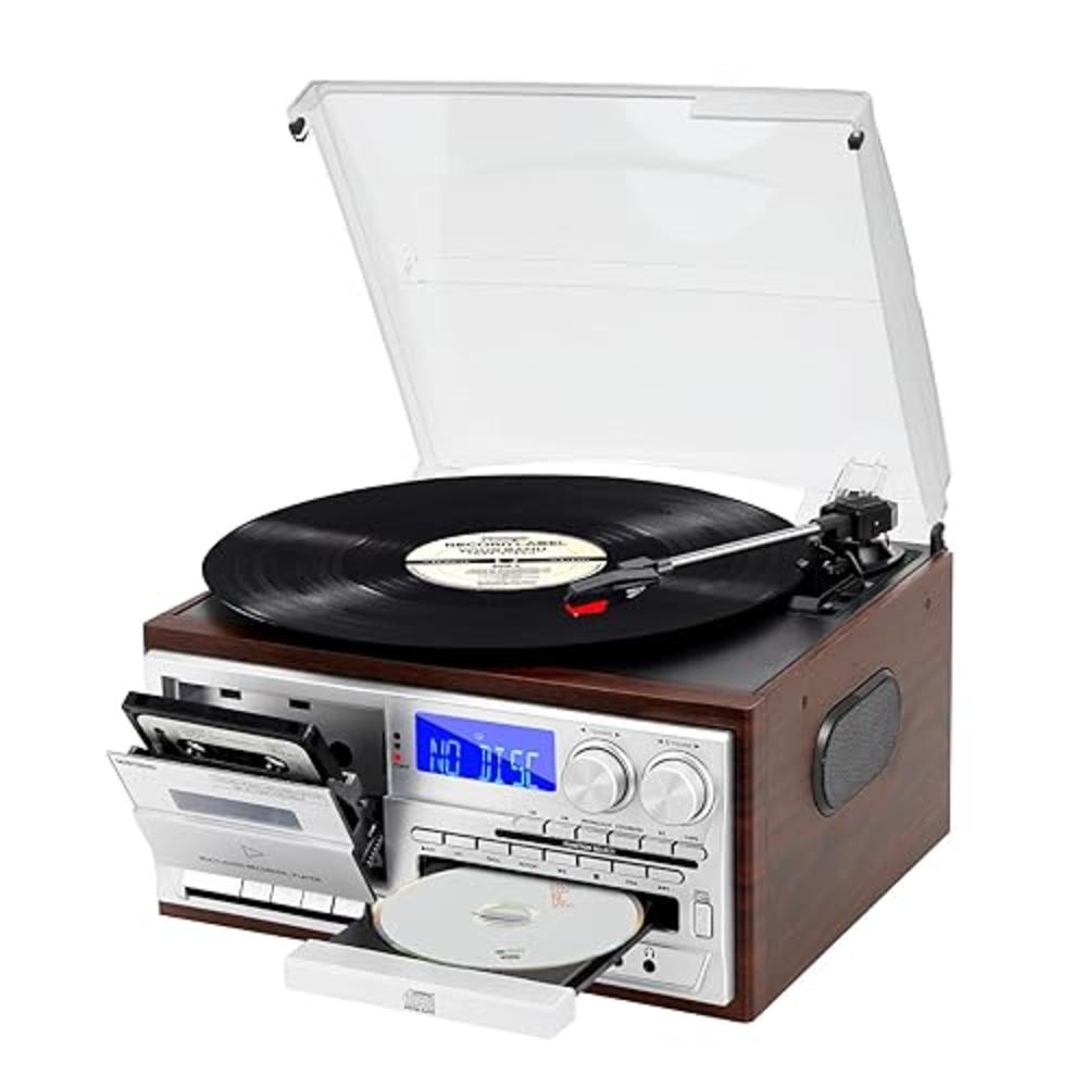MUSITREND Record Player 9 in 1 3 Speed Bluetooth Vintage Turntable CD Cassette Vinyl Player AM/FM Radio USB/SD Encoding Aux-in R